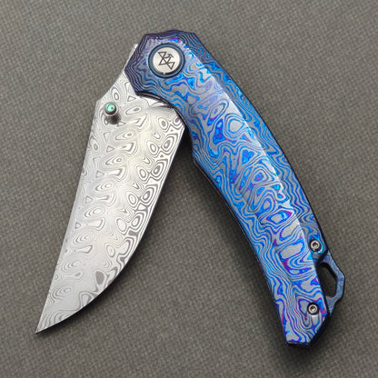 VORIXN "Seaspine" (3.7" Damascus Blade) ZircuTi Handle Flipper & Thumb Stud Folding Knife - KB139