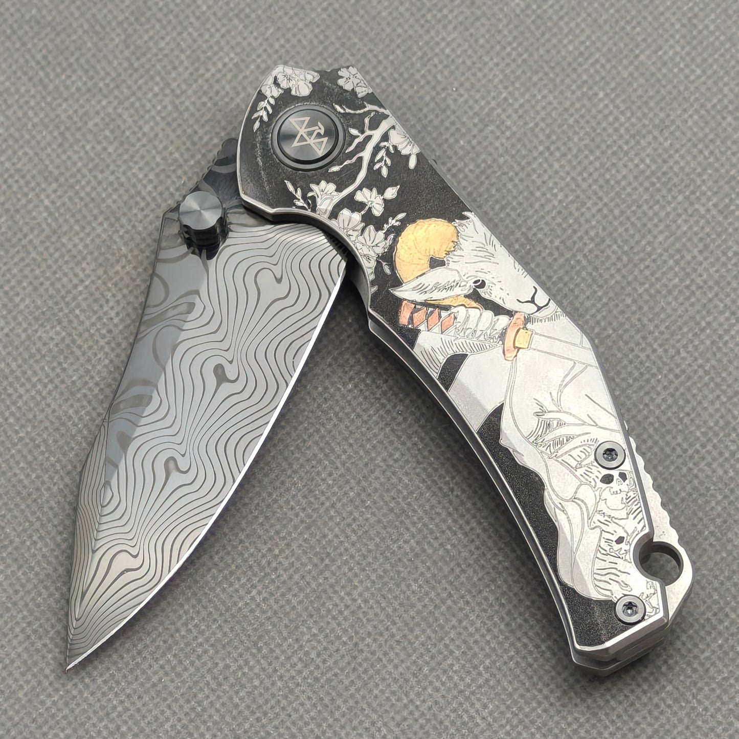 Vorixn "Yokai" Flipper & Thumb Stud Knife Laser-Engraved & Hand-Inlaid Copper Accents Titanium Handle (3.4" Damascus Blade) KB106