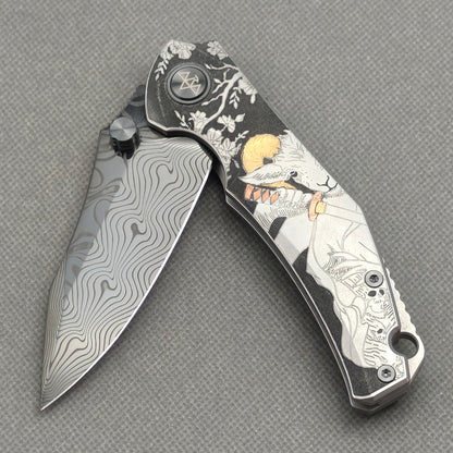 Vorixn "Yokai" Flipper & Thumb Stud Knife Laser-Engraved & Hand-Inlaid Copper Accents Titanium Handle (3.4" Damascus Blade) KB106