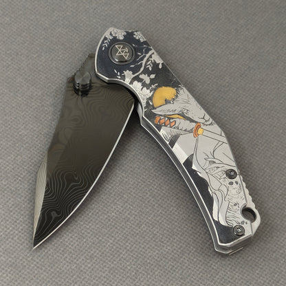 VORIXN Yokai KB106 Folding Knife – partially open EDC view showing flipper, thumb stud, pivot, and Laser-Engraved Copper Accents Titanium handle profile