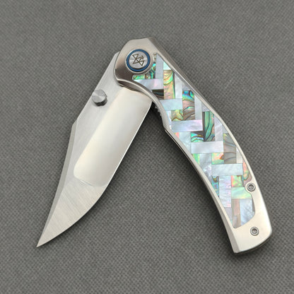 VORIXN "Ocean Mirage" Flipper & Thumb Stud Knife Mother-of-pearl Inlaid Titanium Handle (3.9" M390 Blade) KB066