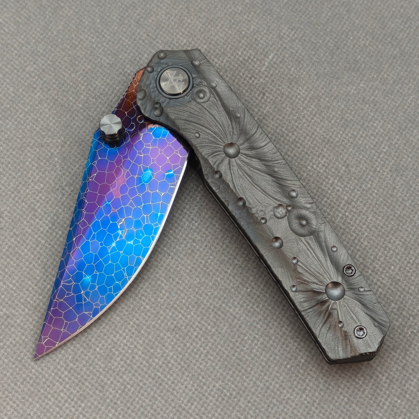 Vorixn "Impact Origin" Flipper & Thumb Stud Knife DLC-Coated Titanium-Engraved Anodized Handle (3.6" Damascus steel Blade) KB095