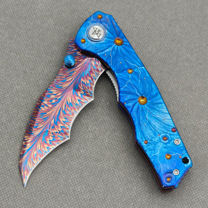 VORIXN "Skyvein" (3.8" Damascus Blade)  Titanium Handle Flipper & Thumb Stud Folding Knife - KB148