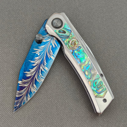 VORIXN "Ocean Aurora" Flipper & Thumb Stud Knife Deep-sea Abalone Shell Inlay Titanium Handle (3.8" Feather Damascus Blade) KB111