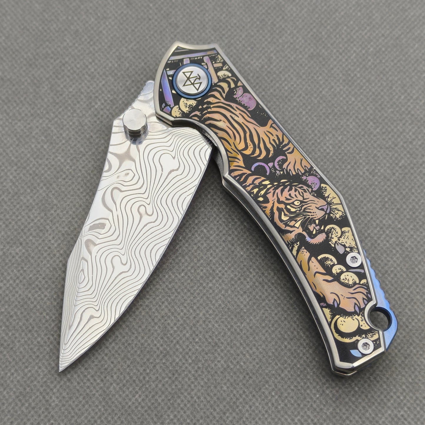 VORIXN "Dominion" (3.5" Damascus Blade) Engraved Titanium Handle Flipper & Thumb Stud Folding Knife - KB115