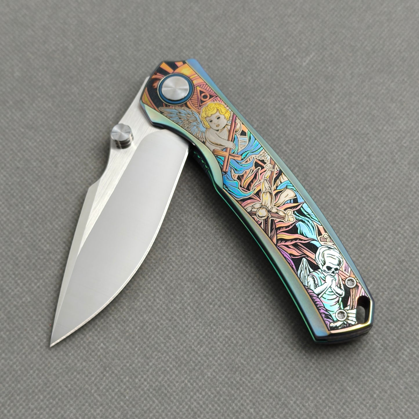 Vorixn "Halo" Flipper & Thumb Stud Knife Titanium-Engraved Anodized Coloring Handle (3.7"10Cr15CoMo Blade) KB078