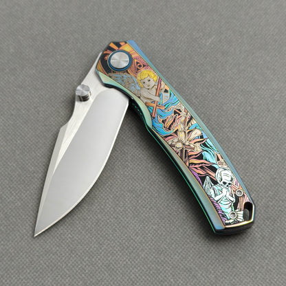 Vorixn "Halo" Flipper & Thumb Stud Knife Titanium-Engraved Anodized Coloring Handle (3.7"10Cr15CoMo Blade) KB078