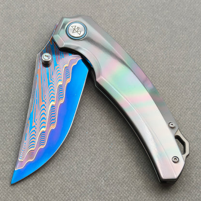 VORIXN "Embercrest" (3.7" Damascus Blade)  Zirconium Handle Flipper & Thumb Stud Folding Knife - KB136