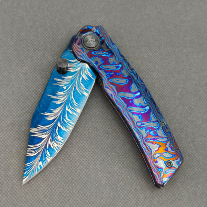 Vorixn "Aurora Black" Flipper & Thumb Stud Knife Hand-Flamed Zirconium Handle (3.8" Feather Damascus Blade) KB112