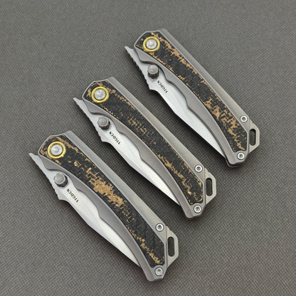 RIHE Design Folding Knife Titanium+Gold Flake Carbon Fiber Inlay Handle (3.6" M390 Blade) KB107