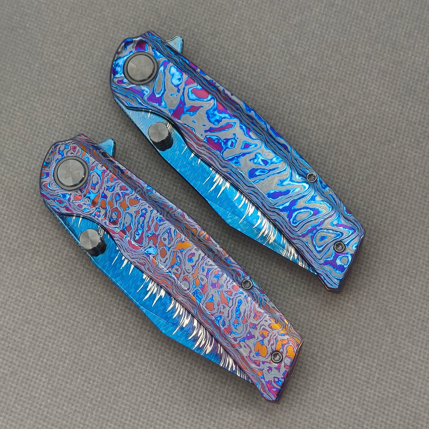 Vorixn "Aurora Black" Flipper & Thumb Stud Knife Hand-Flamed Zirconium Handle (3.8" Feather Damascus Blade) KB112