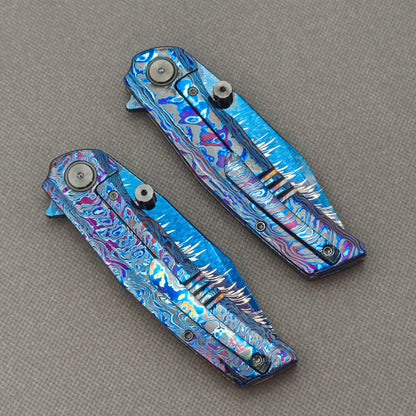 Vorixn "Aurora Black" Flipper & Thumb Stud Knife Hand-Flamed Zirconium Handle (3.8" Feather Damascus Blade) KB112