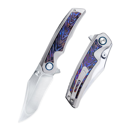 VORIXN Abyssal folding knife open and closed view showing Damascus titanium handle and VG10 blade
