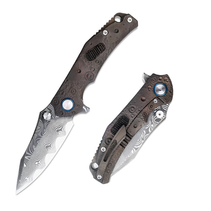 VORIXN “Lunar Step” Flipper & Thumb Stud Knife Titanium Handle (3.6" Damascus steel Blade) KB024