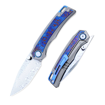 VORIXN Abyssal folding knife open and closed view, titanium flame handle with ZircuTi inlay, VG10 blade