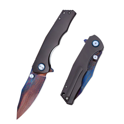 VORIXN Celestial Flame Damascus folding knife open and closed, showing zirconium handle and Damascus blade