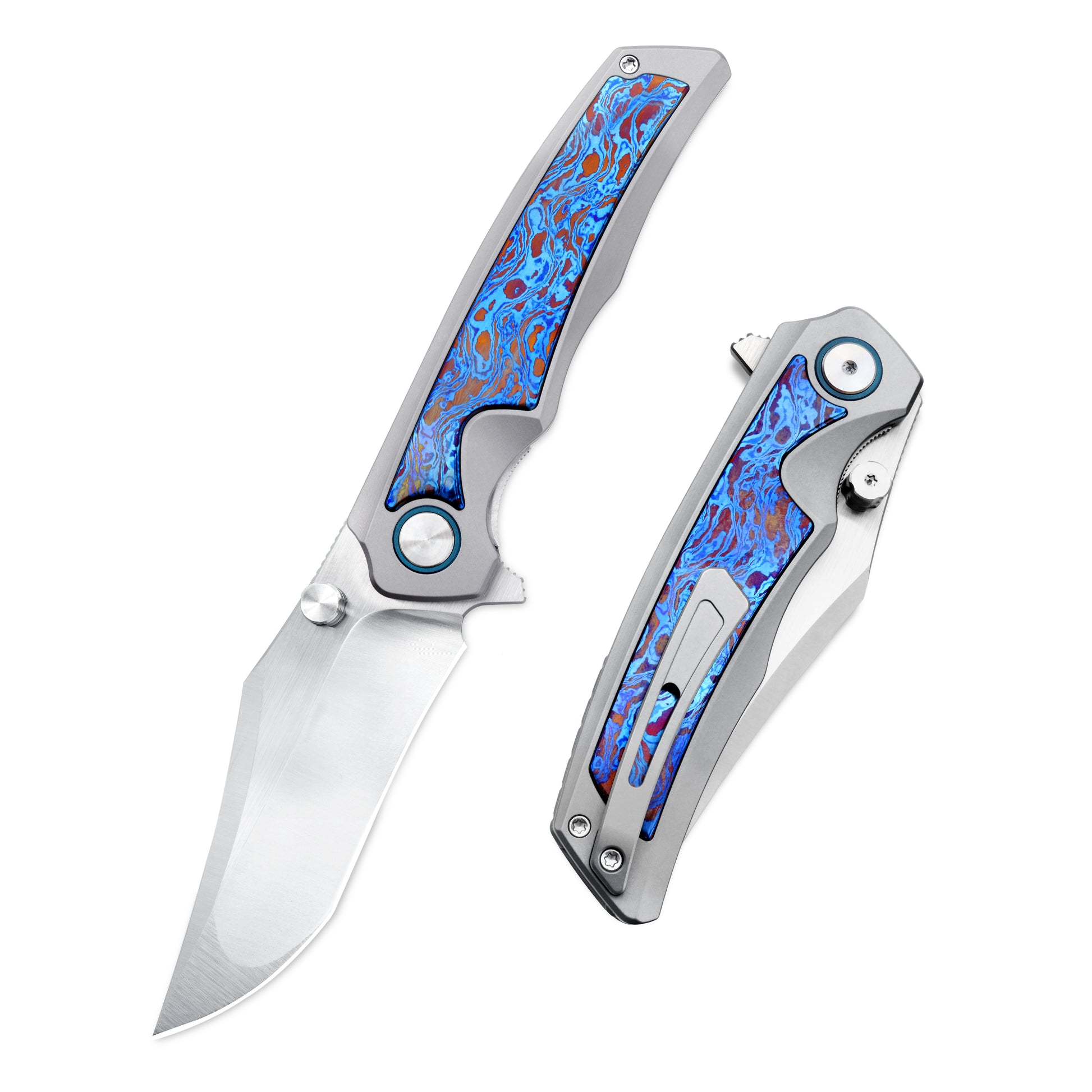 VORIXN KB036 Abyssal folding knife shown open and closed, featuring the VG10 blade and titanium flame handle.