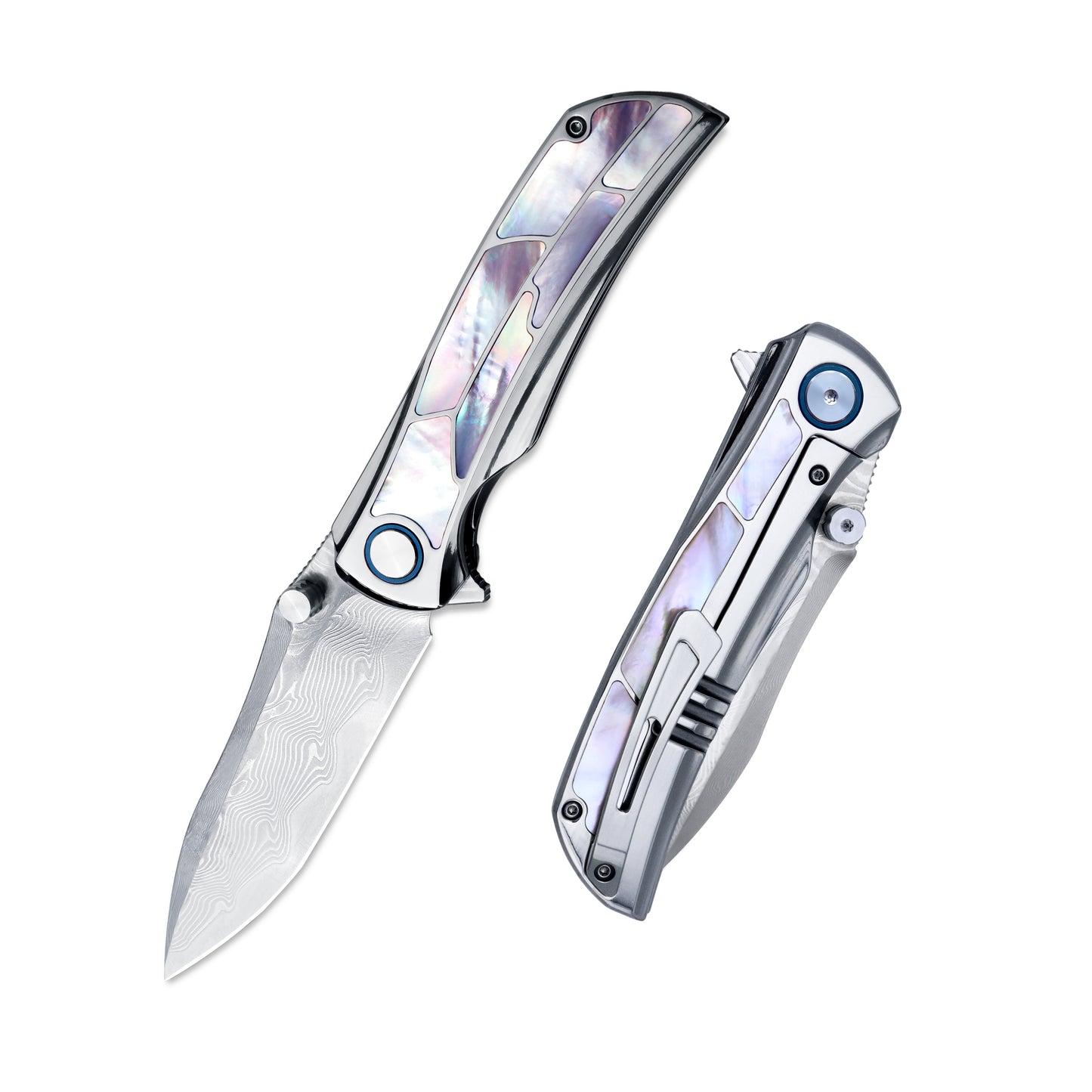 Open and closed views of VORIXN Ocean Mirage Damascus folding knife, titanium handle with pearl inlay