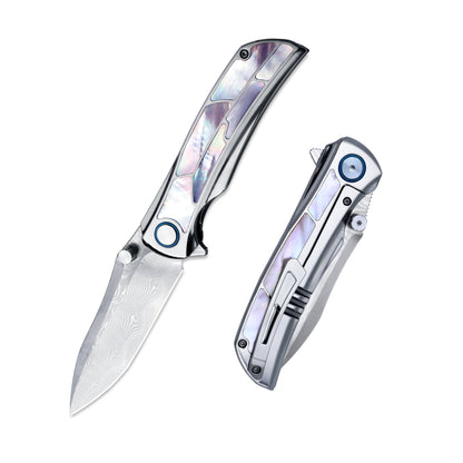 Open and closed views of VORIXN Ocean Mirage Damascus folding knife, titanium handle with pearl inlay