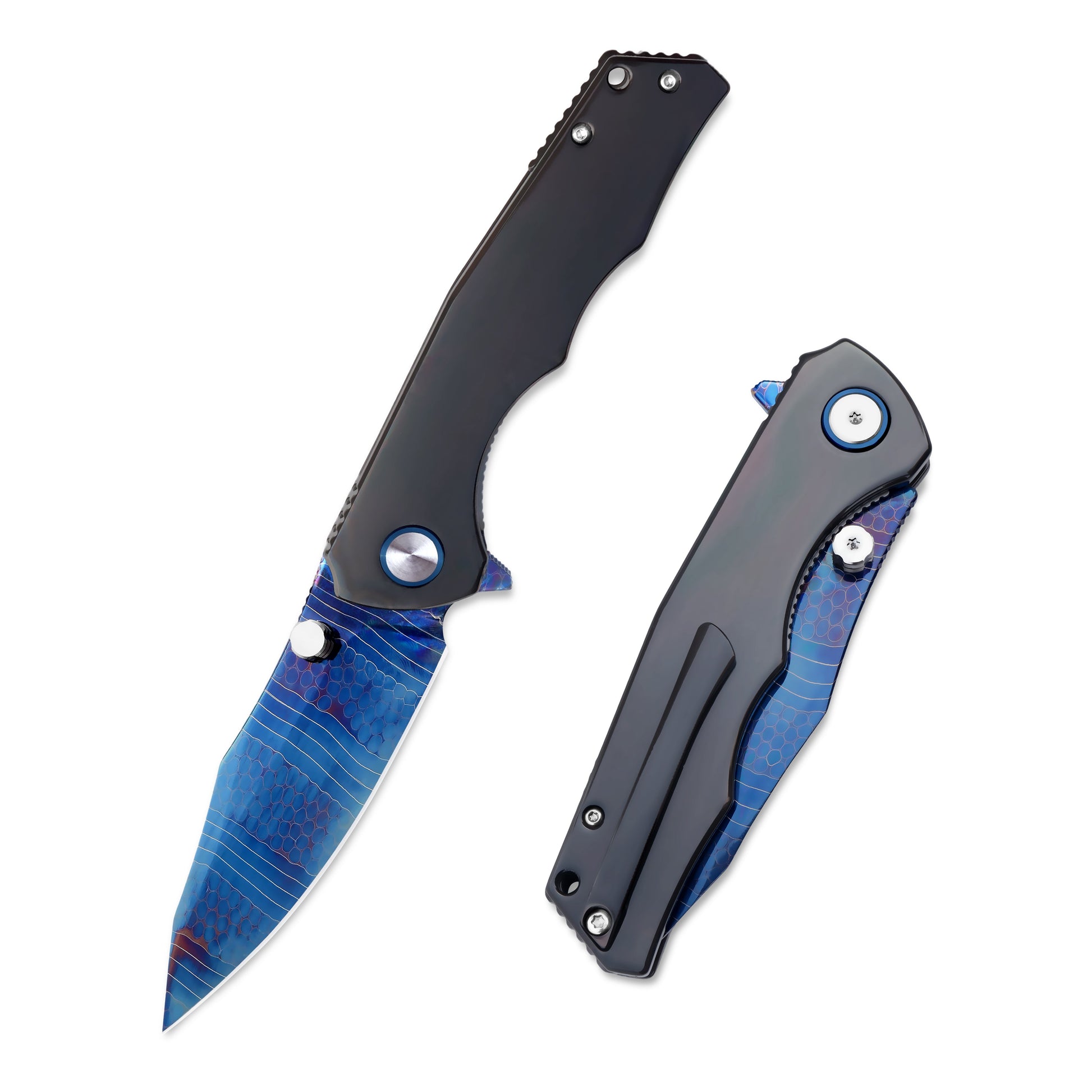 VORIXN Celestial Flame folding knife shown fully open and closed, showcasing both handle sides and blade alignment