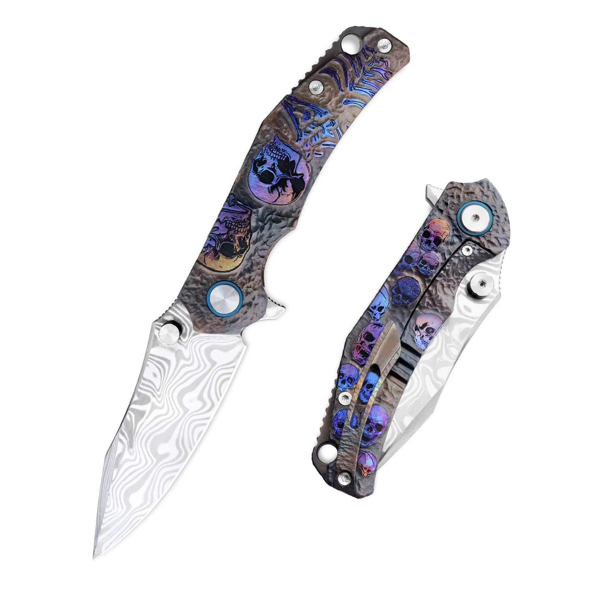 VORIXN KB036 folding knife shown open and closed, displaying Damascus blade and titanium handle details.