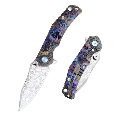 VORIXN KB036 folding knife shown open and closed, displaying Damascus blade and titanium handle details.