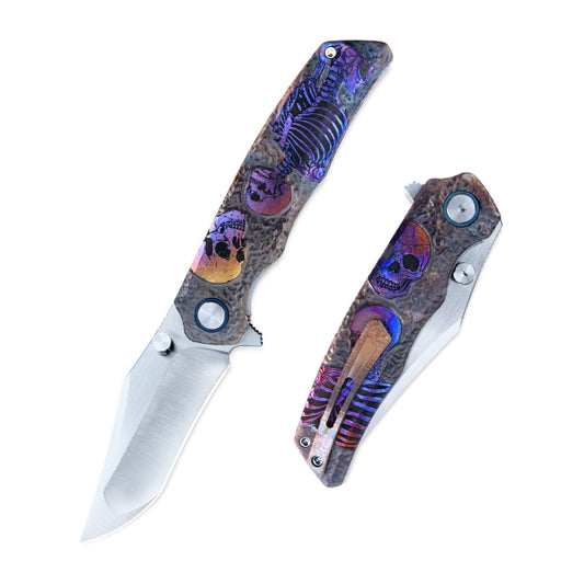 VORIXN Skull Titanium Folding Knife shown open and closed, engraved and anodized handle