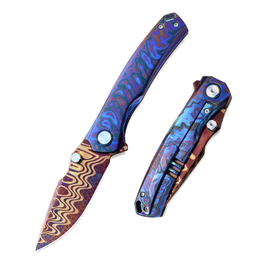 VORIXN TimsFlame folding knife showing open blade non-clip side and closed clip side view