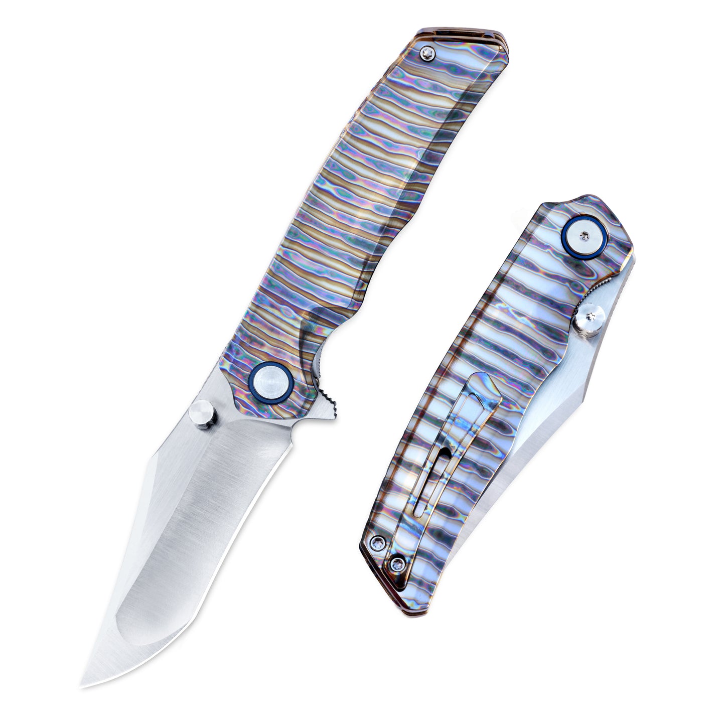 VORIXN KB035 folding knife open view and closed view together, titanium handle with hand-flame pattern