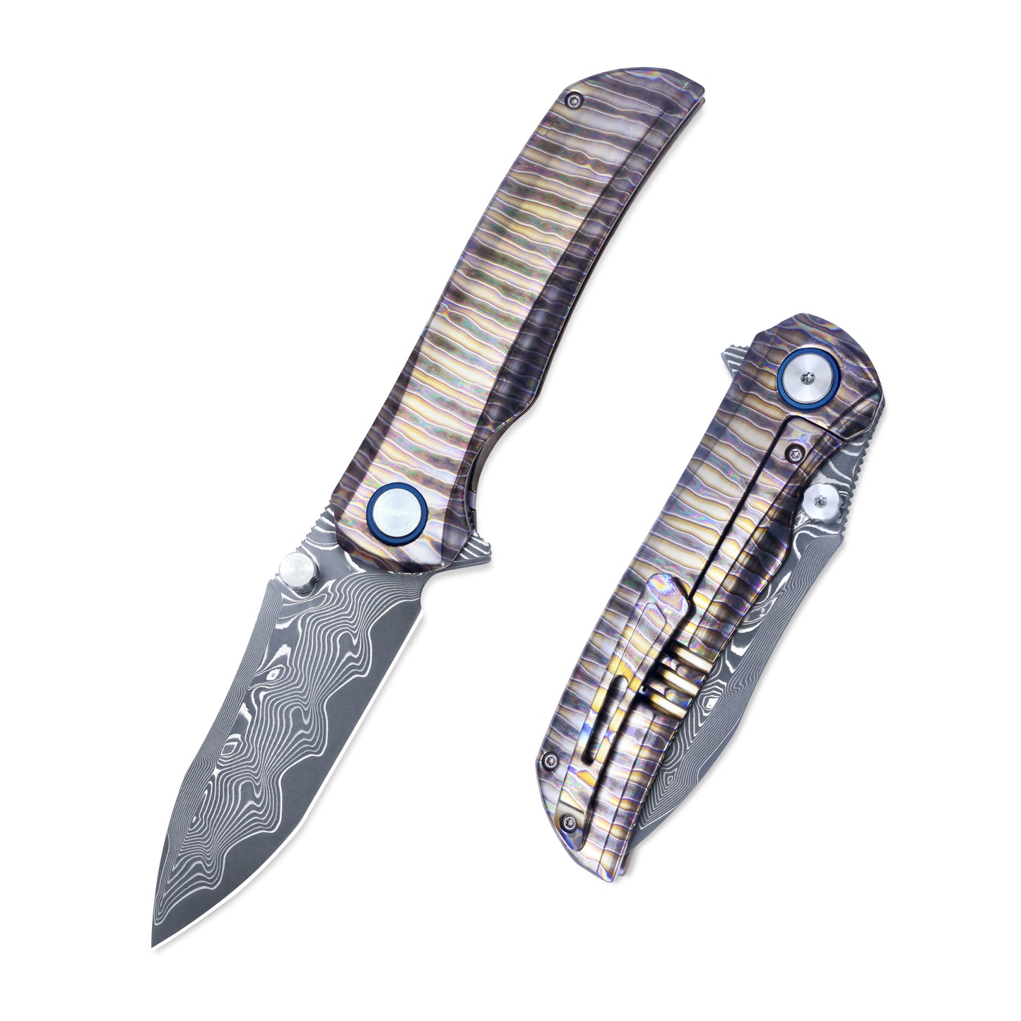 VORIXN "TitanFlame" Flipper & Thumb Stud Knife Hand-Flamed Damascus Titanium Handle (3.8" Damascus steel Blade) KB025