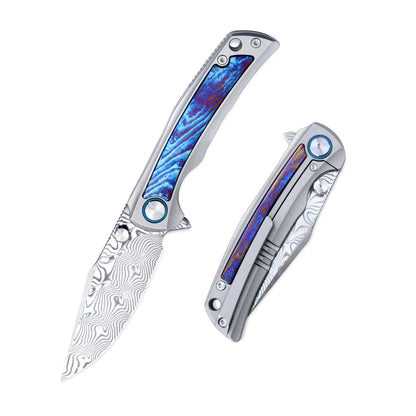 VORIXN Nebula folding knife fully opened and closed, showing titanium handle with flame zirconium inlay and 3.8-inch Damascus steel blade.