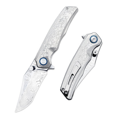 VORIXN KB032 folding knife open and closed view, polished RWL34+PMC27 steel with wave patterns
