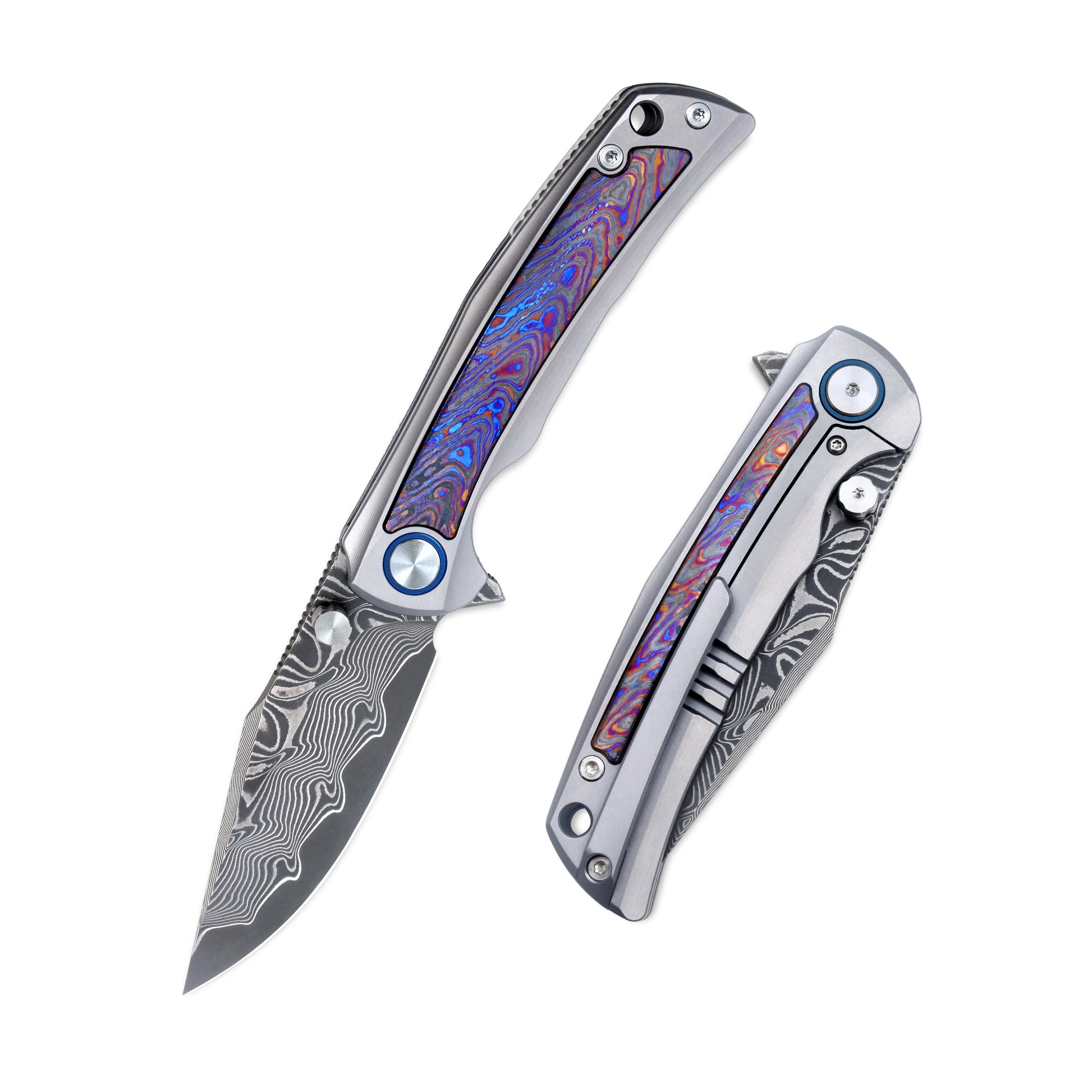 VORIXN Nebula folding knife fully opened and closed, showing titanium handle with flame zirconium inlay and Damascus steel blade.