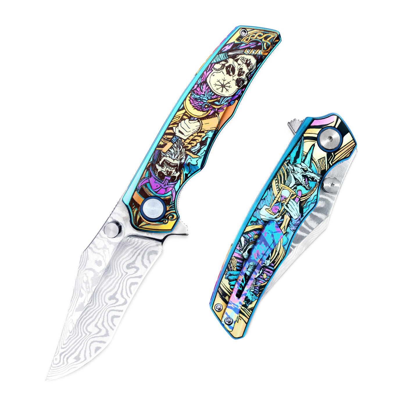 VORIXN KB034 Timeless folding knife shown open on the non-clip side and closed on the clip side