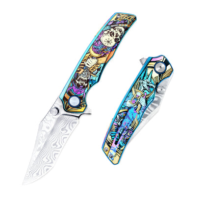 VORIXN KB034 Timeless folding knife shown open on the non-clip side and closed on the clip side