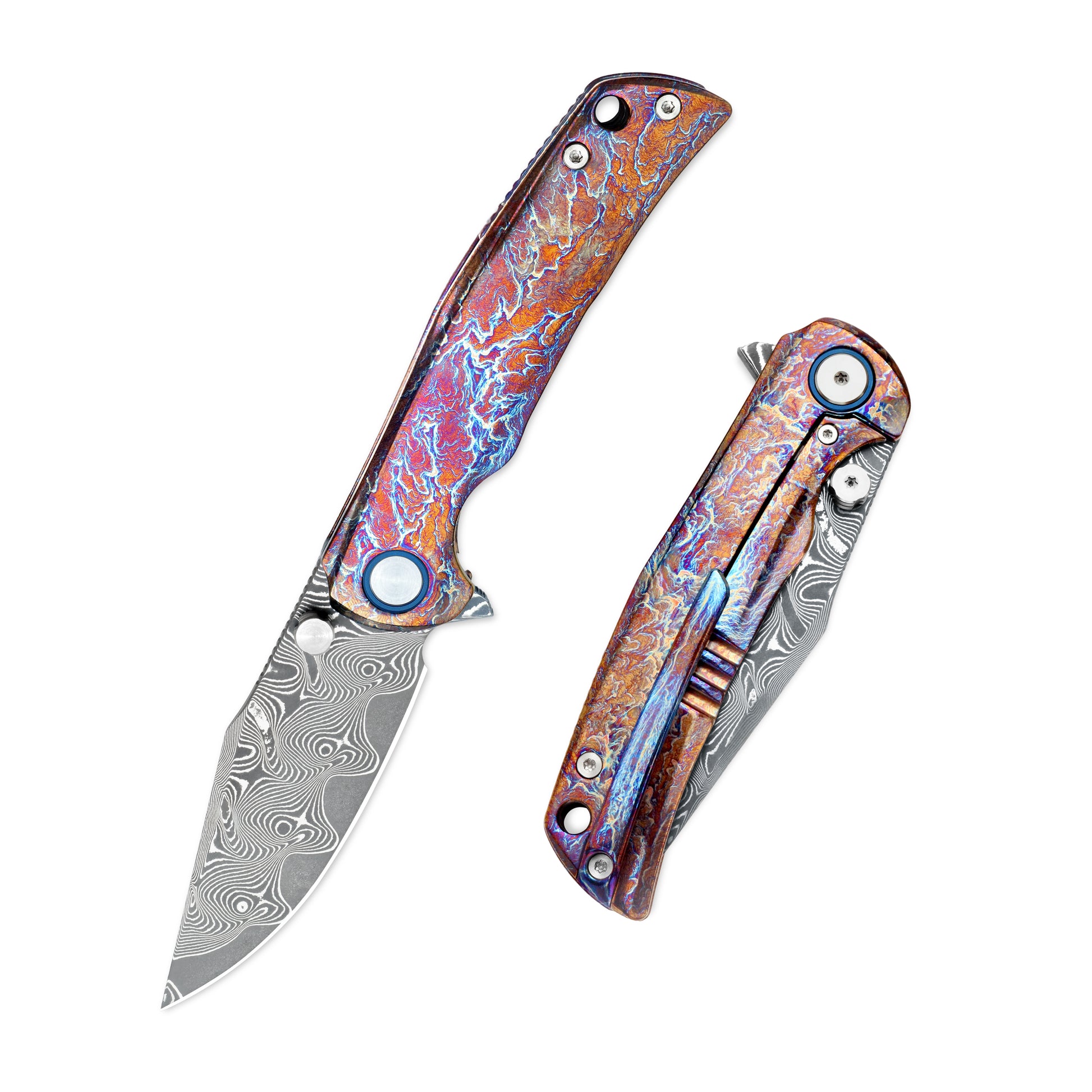 VORIXN ZircFlame KB028 folding knife shown open and closed, featuring zirconium handle and 3.9-inch Damascus blade.