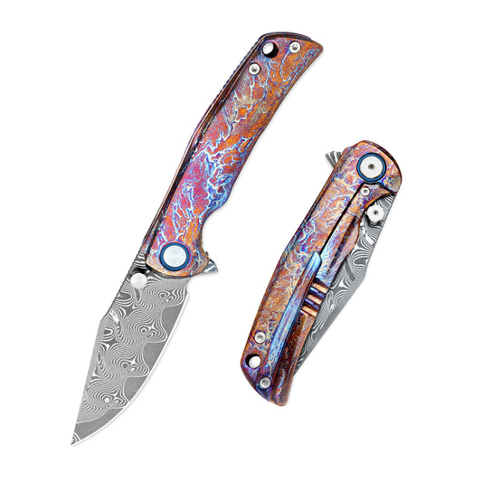 VORIXN ZircFlame KB028 folding knife shown open and closed, featuring zirconium handle and 3.9-inch Damascus blade.
