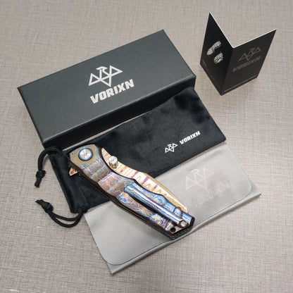 VORIXN "Drakescale" Flipper & Thumb Stud Knife Titanium Hand-Flamed Handle (3.6" Damascus Blade) KB057 / KB058