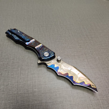 VORIXN "Drakescale" Flipper & Thumb Stud Knife Titanium Hand-Flamed Handle (3.6" Damascus Blade) KB057 / KB058