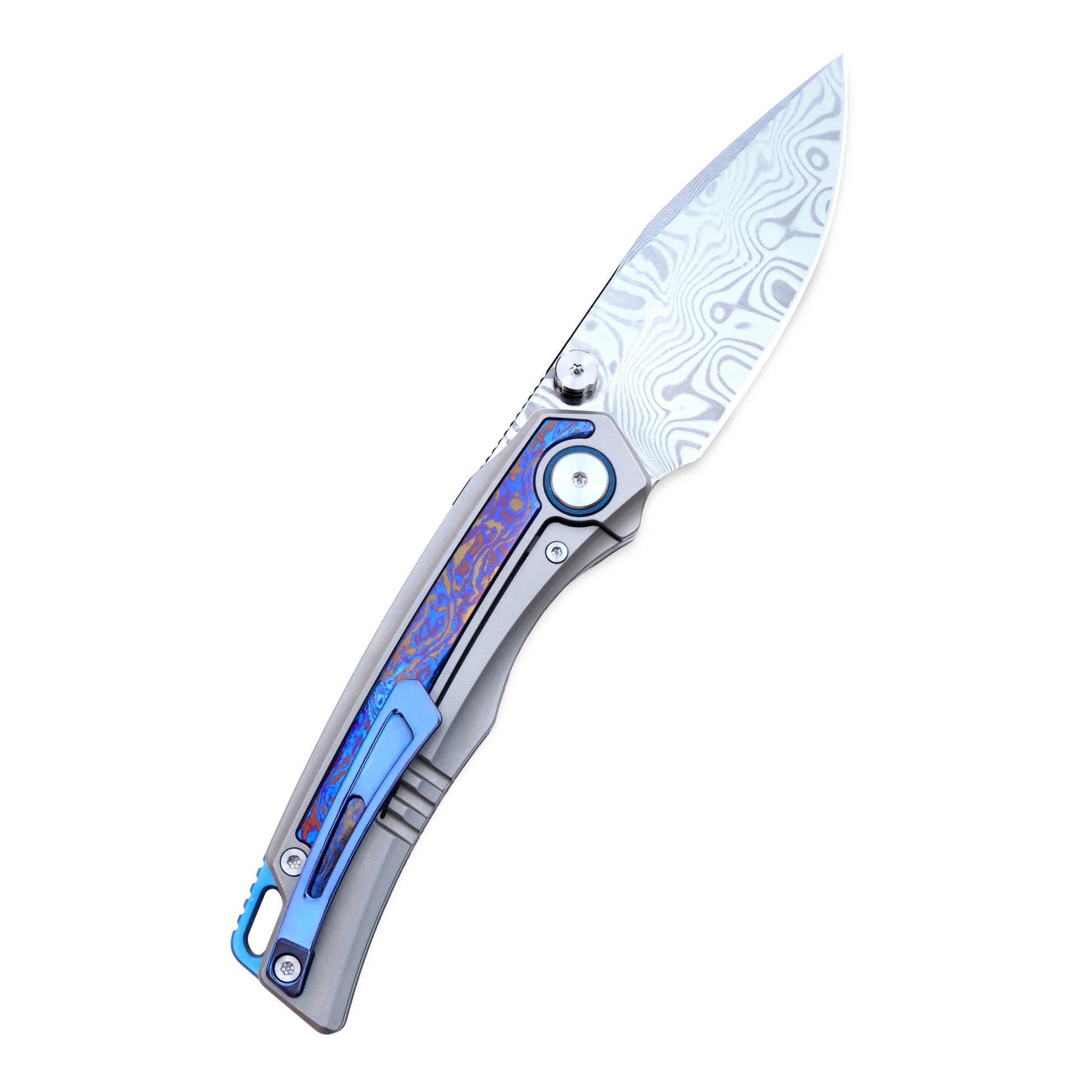 VORIXN Abyssal knife open, pocket clip side, blade angled 45 degrees upward, titanium flame handle with ZircuTi inlay