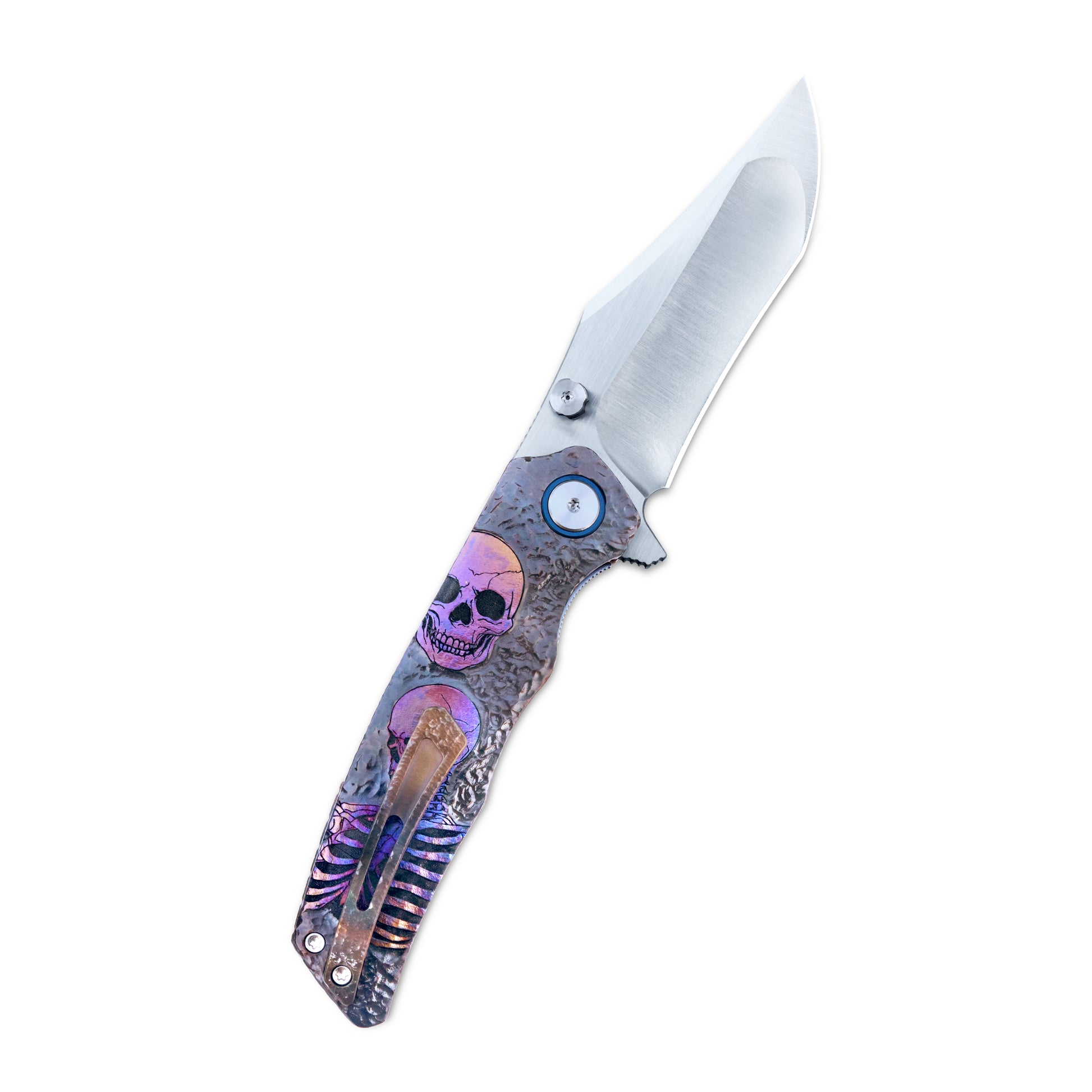 VORIXN Skull Titanium Knife open, pocket clip side, blade angled 45 degrees upward