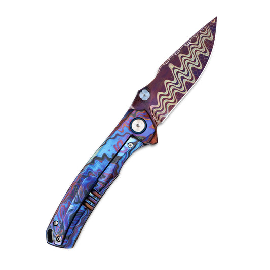 VORIXN TimsFlame folding knife open clip side with Damascus blade angled upward right