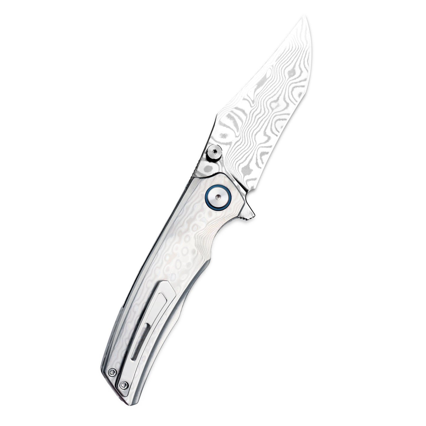 VORIXN KB032 open knife clip-side view with blade angled upward at 45 degrees