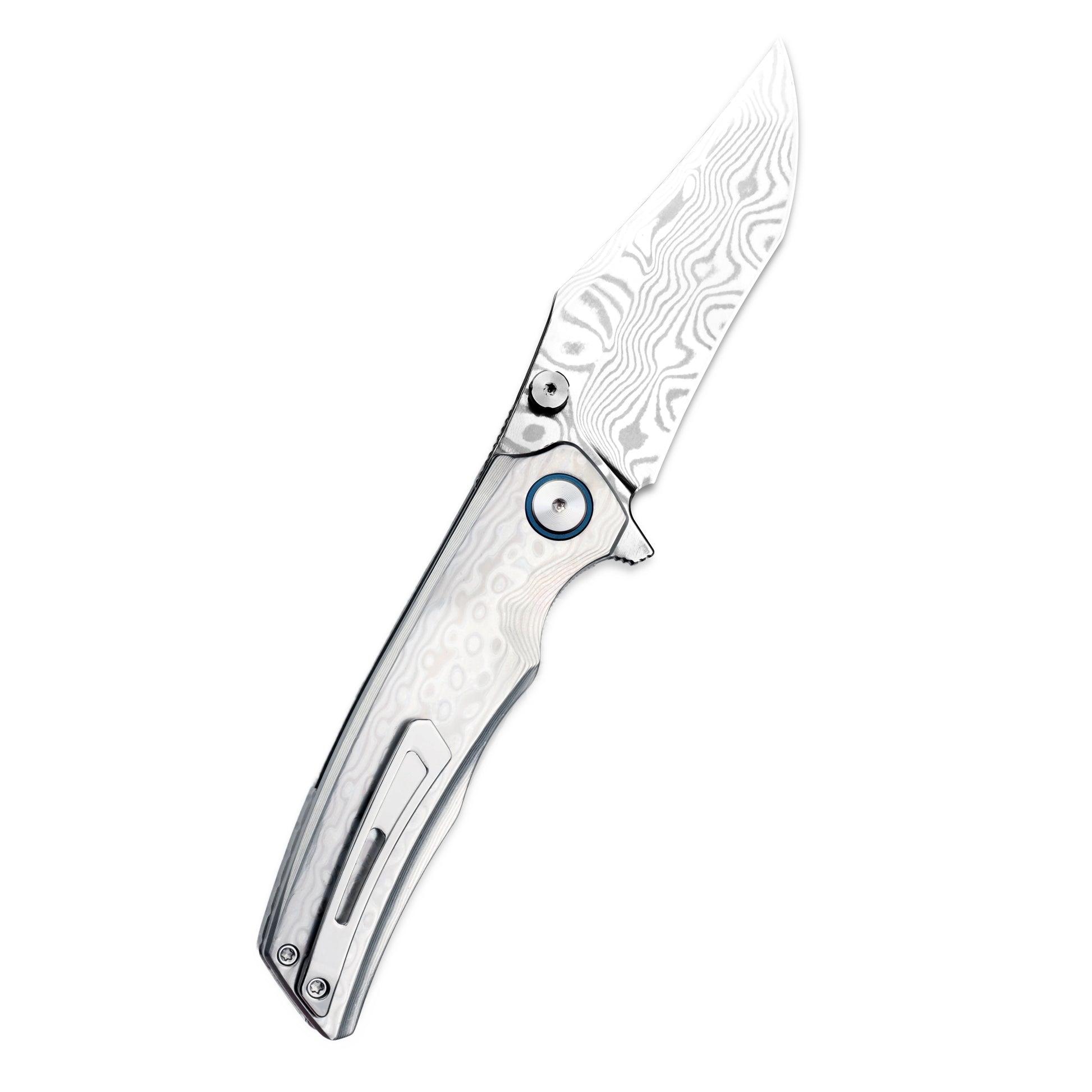 VORIXN KB032 open knife clip-side view with blade angled upward at 45 degrees