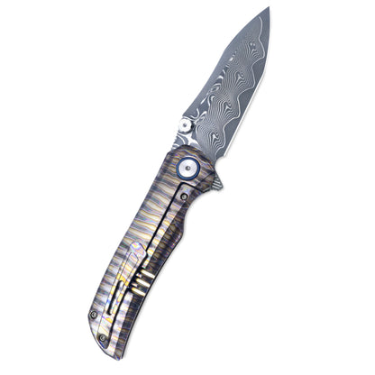 VORIXN "TitanFlame" Flipper & Thumb Stud Knife Hand-Flamed Damascus Titanium Handle (3.8" Damascus steel Blade) KB025
