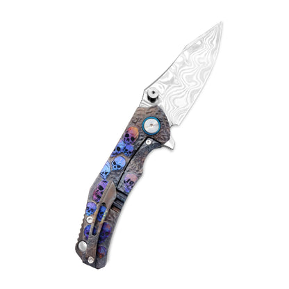 VORIXN KB036 knife open on pocket-clip side with the Damascus blade angled 45 degrees upward.