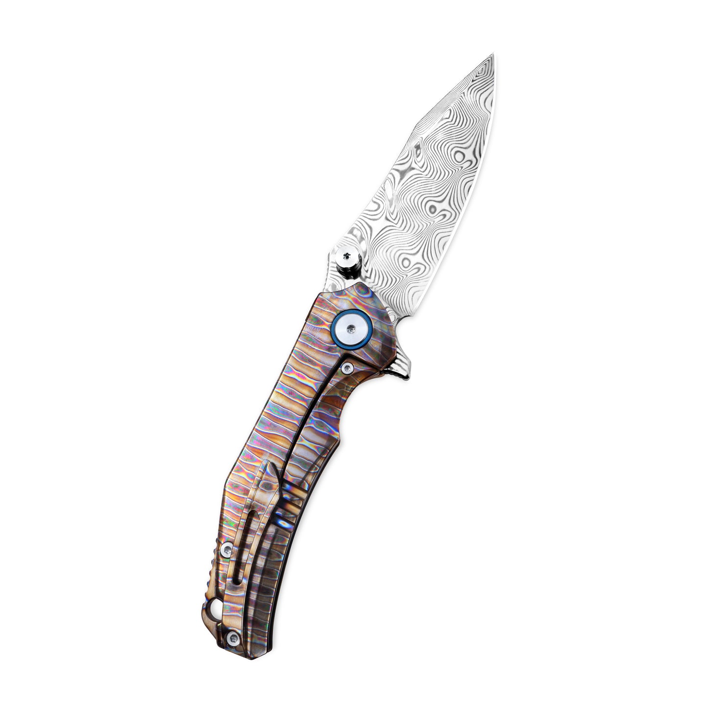 Folding knife opened, pocket clip side, blade angled 45° up-right – VORIXN KB029