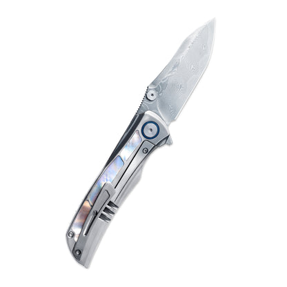 VORIXN Ocean Mirage Damascus knife, open position showing clip side at 45-degree angle