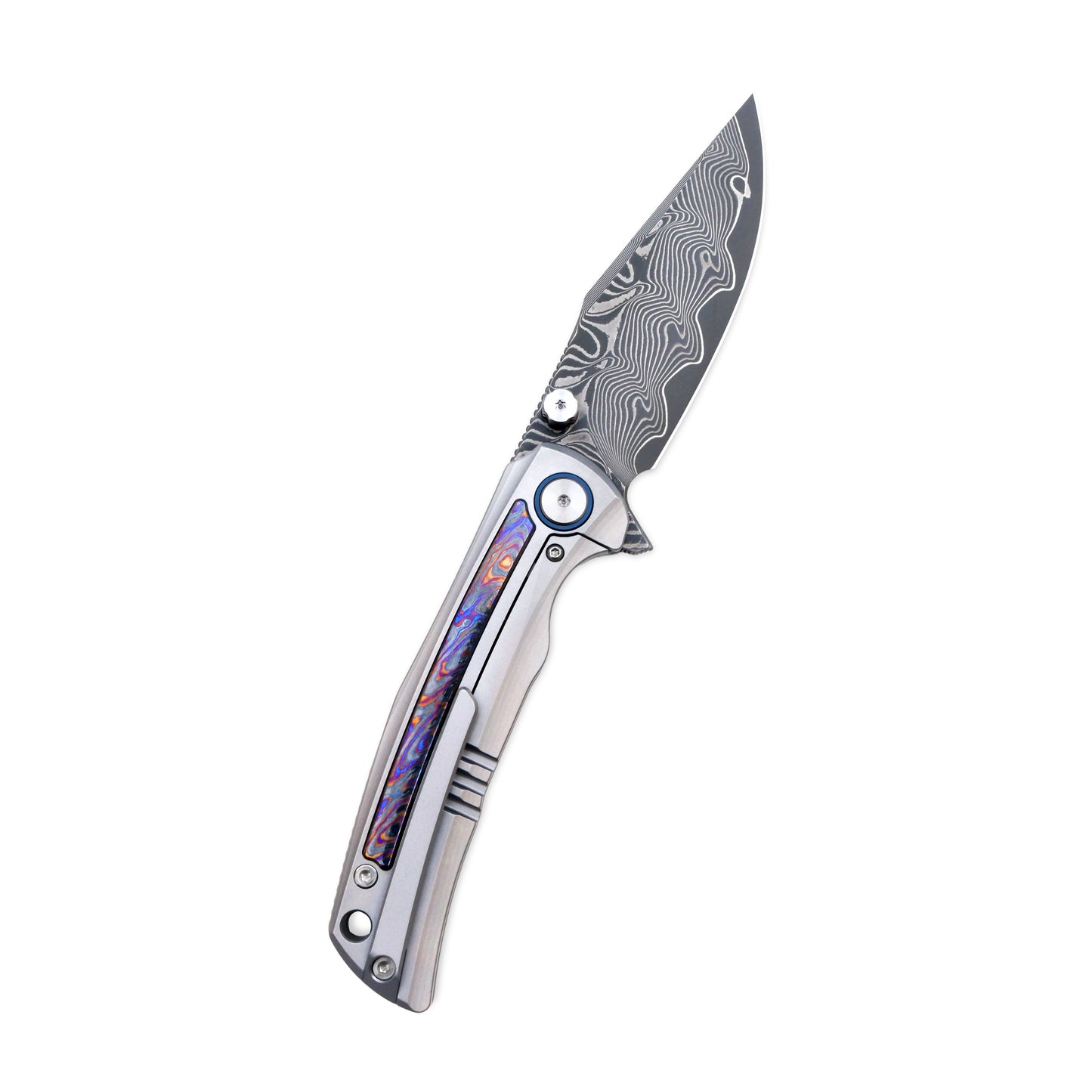 VORIXN Nebula knife open, clip side view with Damascus blade angled upward and titanium flame zirconium inlay handle.