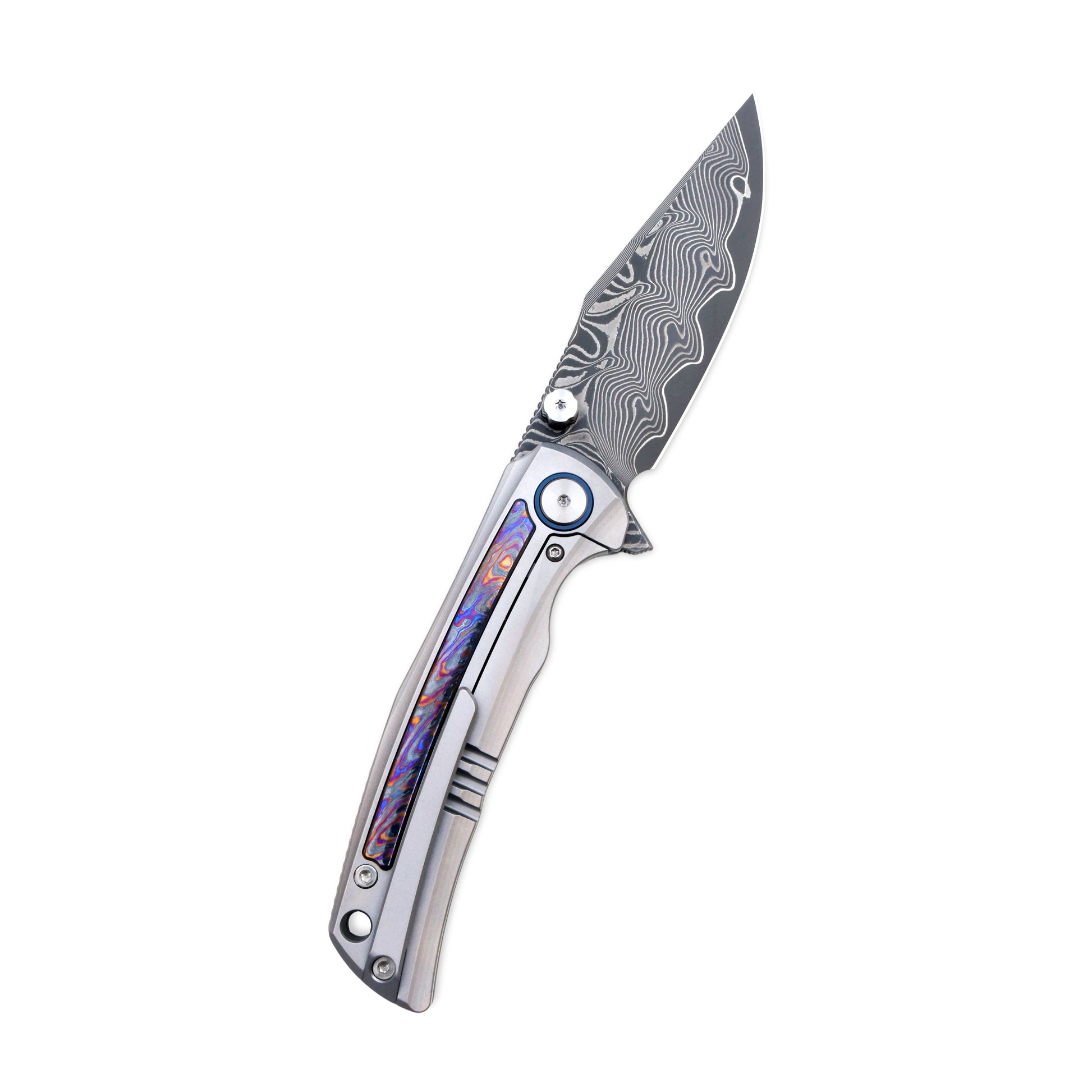 VORIXN Nebula knife open, clip side view with Damascus blade angled upward and titanium flame zirconium inlay handle.